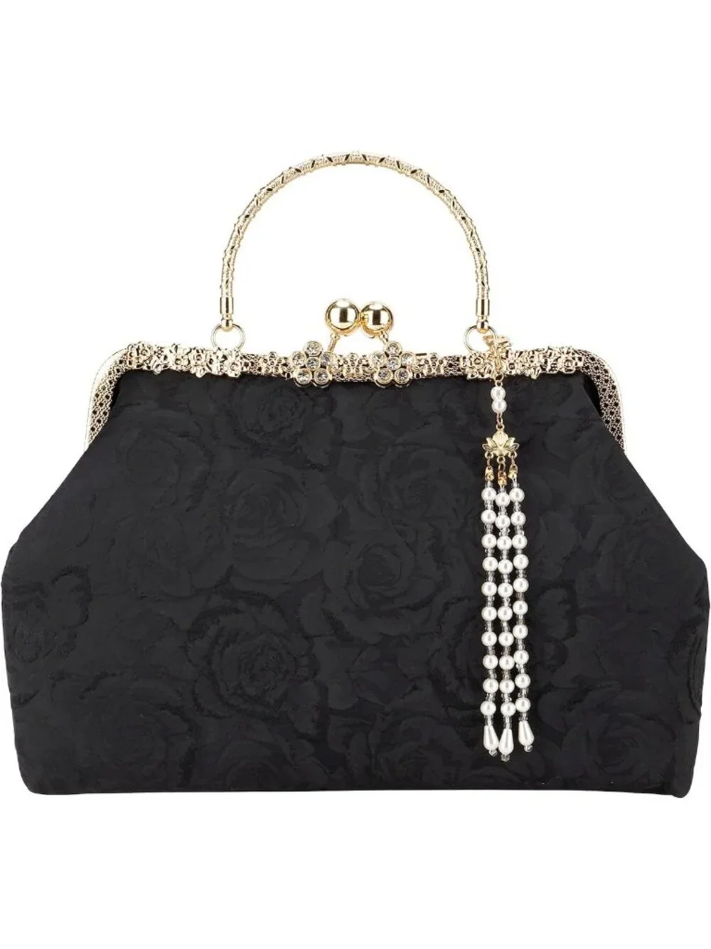 1920s Vintage Floral Jacquard Evening Bag, Retro Gold Clutch with Pearl Tassel
